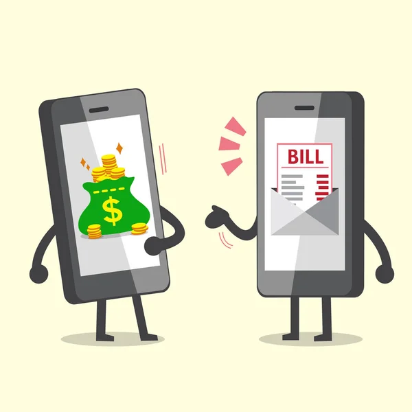 Smartphone de dibujos animados con factura electrónica llamada de pago dinero desde el teléfono inteligente con bolsa de dinero — Archivo Imágenes Vectoriales