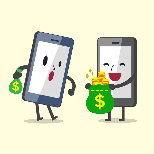 Smartphone dos desenhos animados transportando saco de dinheiro grande e smartphone transportando saco de dinheiro pequeno —  Vetores de Stock