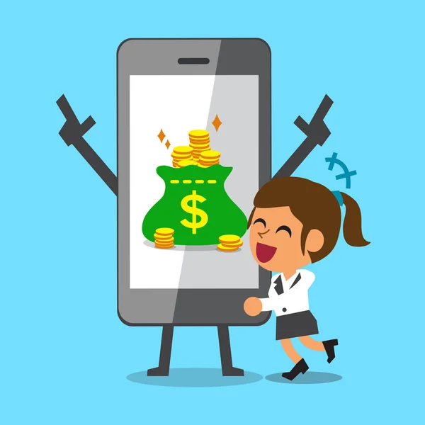 Мультфільм бізнес-леді обіймає смартфон, який заробив гроші — стоковий вектор