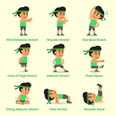 Sağlık ve fitness için egzersizler yapan bir erkek çizgi film seti