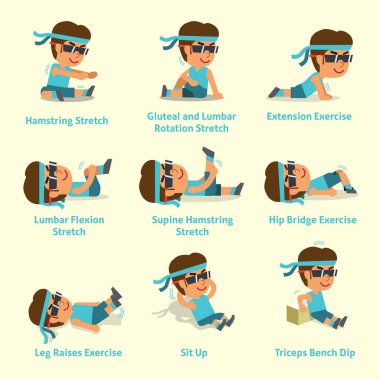 Isınma ve tatbikatlar yapan bir erkek çizgi film seti