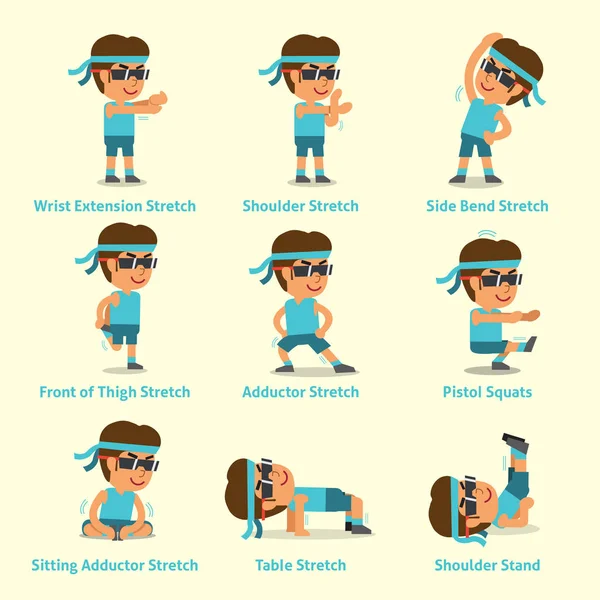 Sağlık için egzersizler yapan erkek çizgi film seti