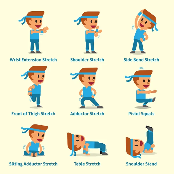 Sağlık ve fitness için egzersizler yapan erkek çizgi film seti