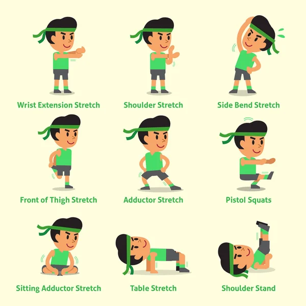 Sağlık ve fitness için egzersizler yapan bir erkek çizgi film seti