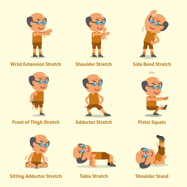 Yaşlı bir adam için sağlık ve fitness egzersizleri yapıyor çizgi film seti