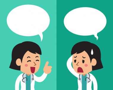 Konuşma balonları ile farklı duygular ifade kadın doktor çizgi film