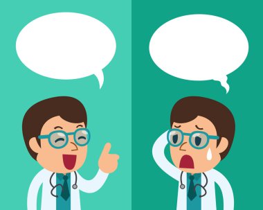 Konuşma balonları ile farklı duygular ifade bir erkek doktor çizgi film