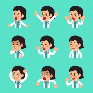 Farklı duygular küme gösterilen çizgi film kadın doktor yüzler