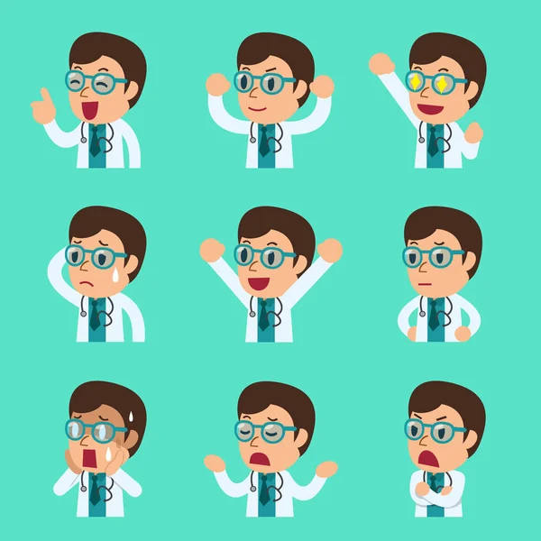 Caras de médico masculino de dibujos animados que muestran diferentes emociones — Archivo Imágenes Vectoriales
