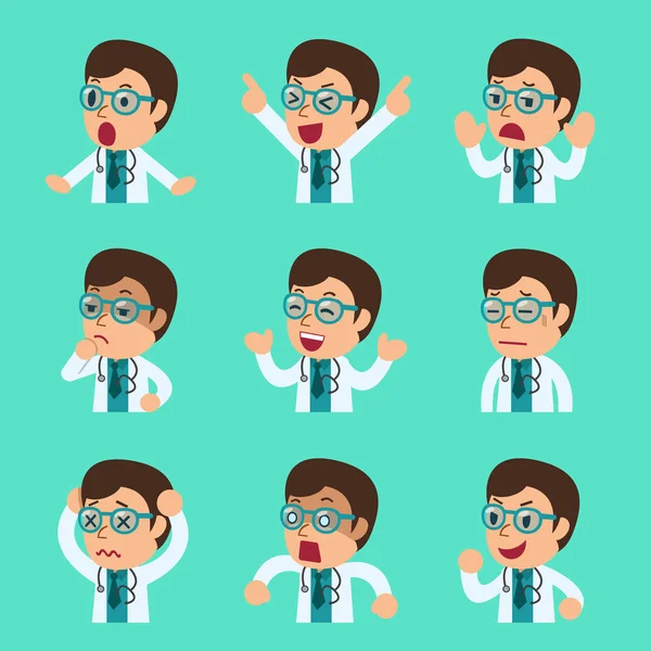 Farklı duygular küme gösterilen çizgi film erkek doktor yüzler
