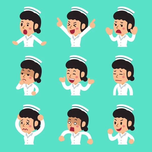 Cartoon female nurse faces showing different emotions set — Stock Vector