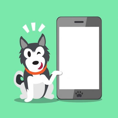 Çizgi film karakteri Sibirya husky köpek ve smartphone