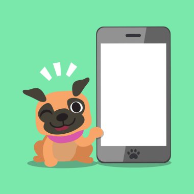 Karikatür pug köpek ve büyük smartphone