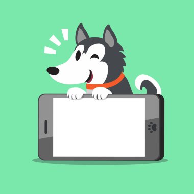 Karikatür Sibirya husky köpek ve smartphone