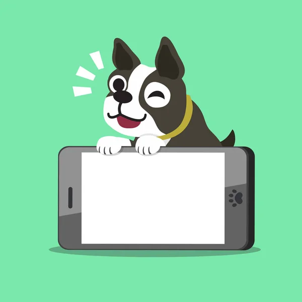 Desenhos animados Boston terrier cão e smartphone — Vetor de Stock