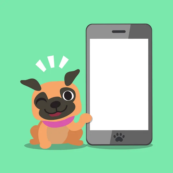 Cão de pug dos desenhos animados e smartphone grande — Vetor de Stock