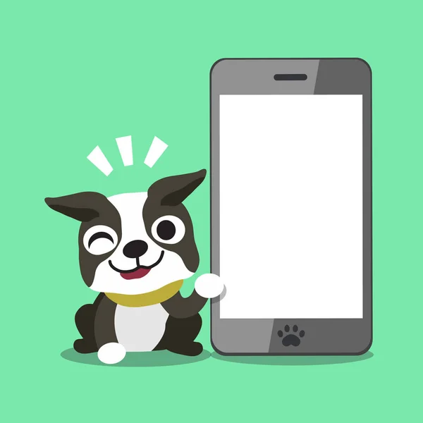 Desenhos animados Boston terrier cão e smartphone grande — Vetor de Stock