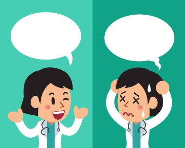 Çizgi film kadın doktor konuşma balonları ile farklı duygular ifade