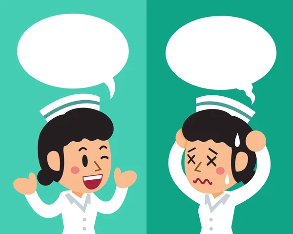 Cartoon female nurse expressing different emotions with speech bubbles — Stock Vector