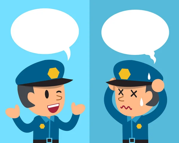 Policía de dibujos animados expresando diferentes emociones con burbujas del habla — Archivo Imágenes Vectoriales
