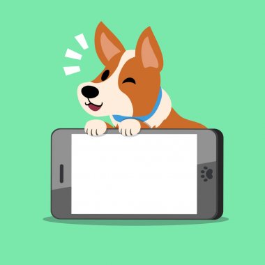 Çizgi film karakteri corgi köpek ve büyük smartphone