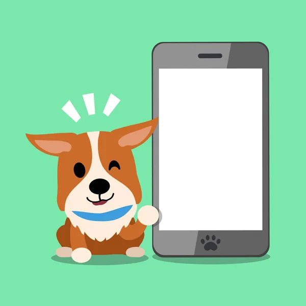 Corgi σκύλος Cartoon χαρακτήρα και smartphone — Διανυσματικό Αρχείο