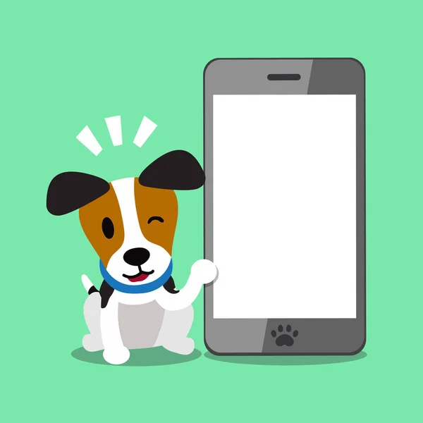 Zeichentrickfigur Jack Russell Terrier Hund und großes Smartphone — Stockvektor