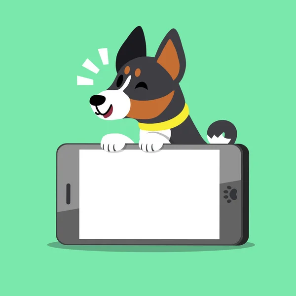 Καρτούν χαρακτήρα σκύλου Μπασέντζι και μεγάλο smartphone — Διανυσματικό Αρχείο
