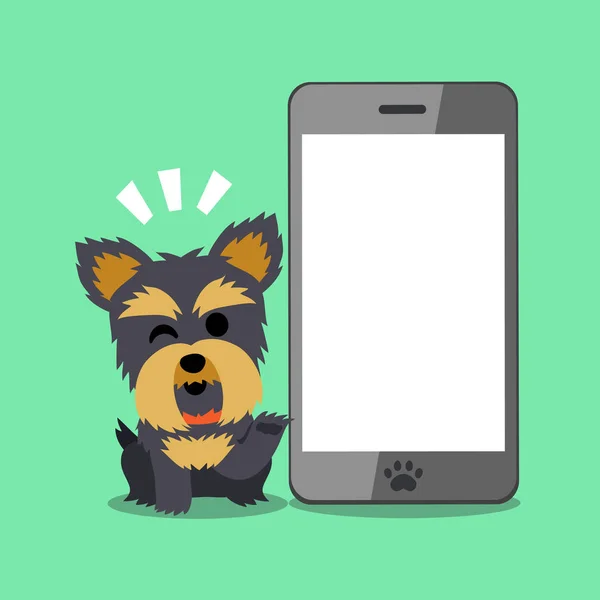 Vector personaje de dibujos animados yorkshire terrier perro y teléfono inteligente — Vector de stock