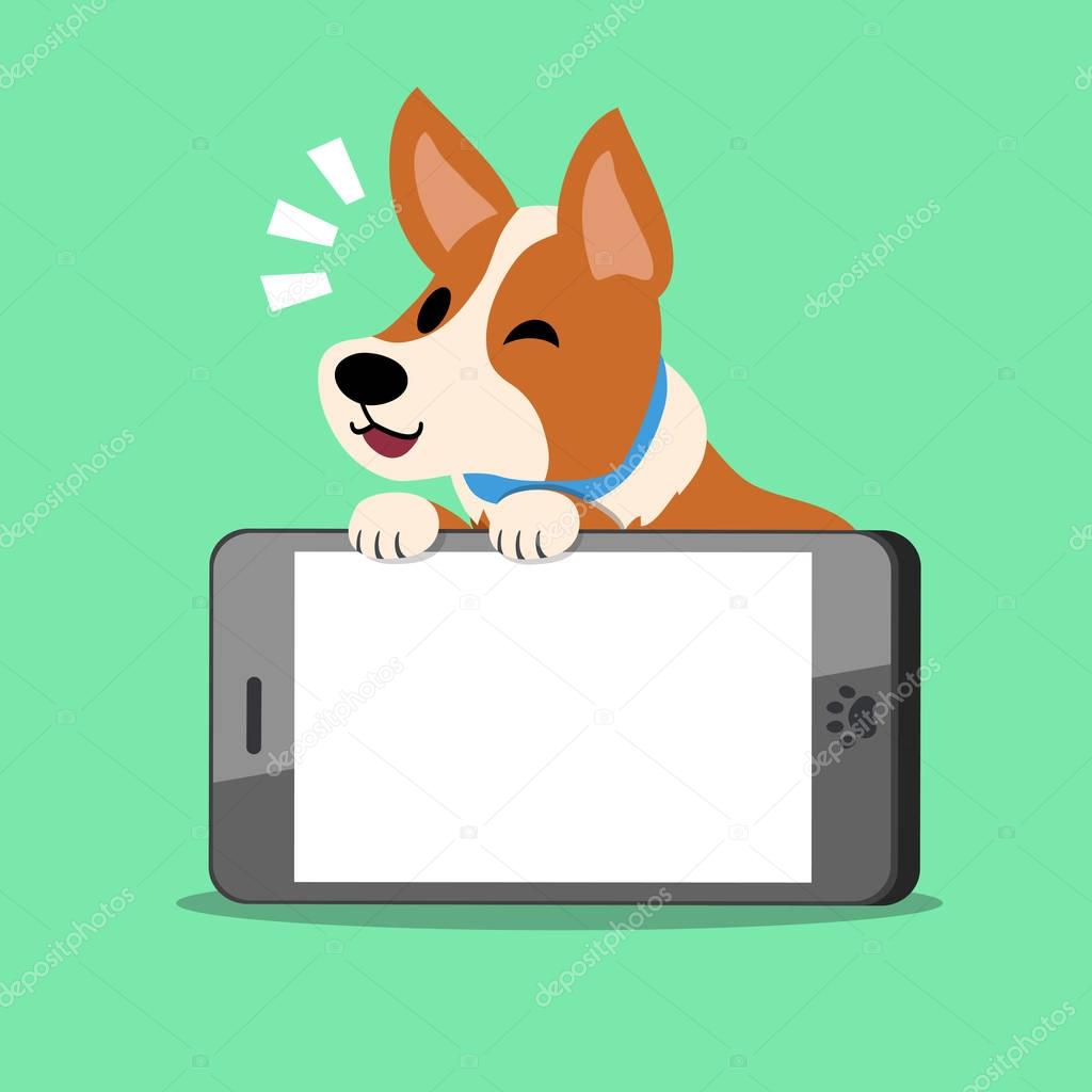 Cartoon character corgi dog and big smartphone