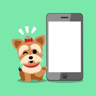 Çizgi film karakteri yorkshire terrier köpek ve smartphone