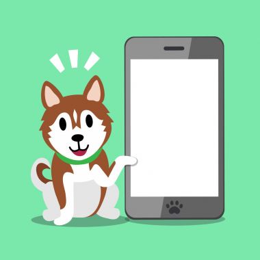 Çizgi film karakteri kahverengi Sibirya husky köpek ve smartphone