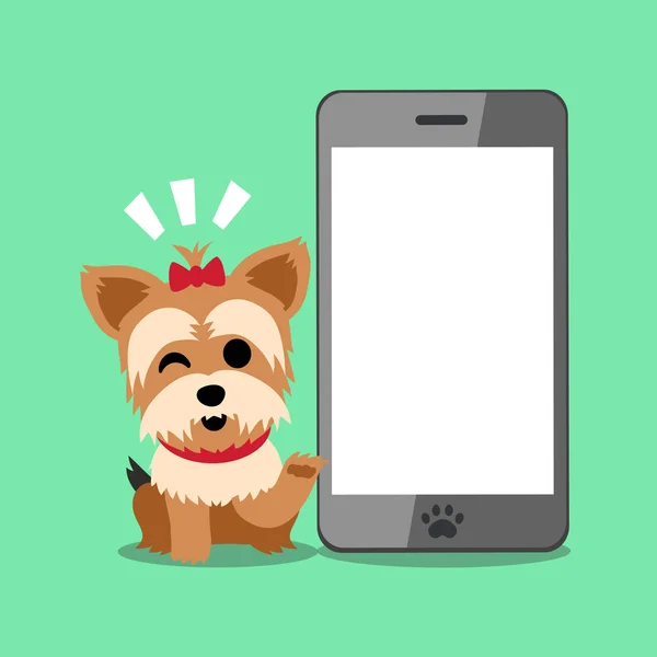 Мультиплікаційний персонаж йоркширського тер'єра собака і смартфон — стоковий вектор