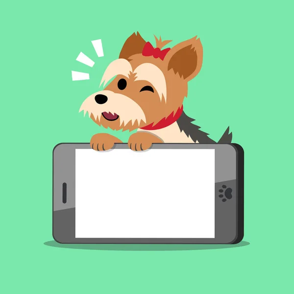 Zeichentrickfigur yorkshire terrier dog und großes smartphone — Stockvektor