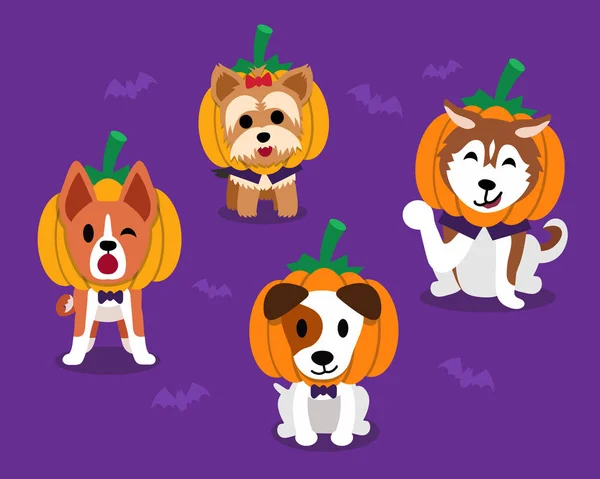 Conjunto de dibujos animados feliz halloween lindo perros — Vector de stock