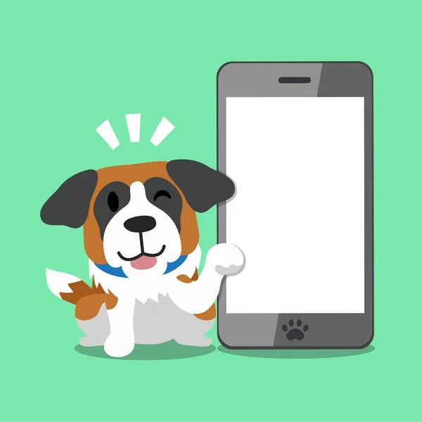 Kreslená postava bernardýn pes a smartphone — Stockový vektor