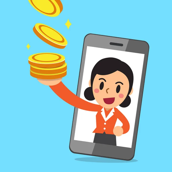 Vector cartoon zakenvrouw en smartphone met geld verdienen — Stockvector