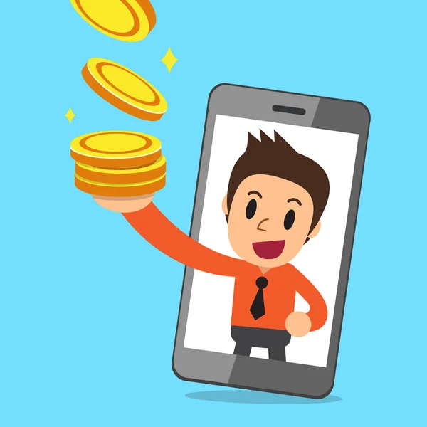 Vector cartoon businessman and smartphone earning money — Stock Vector