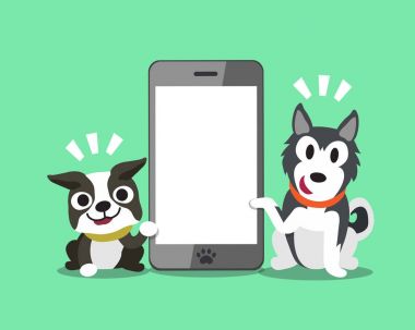 Çizgi film karakteri boston terrier köpek ve Sibirya husky köpek ile smartphone