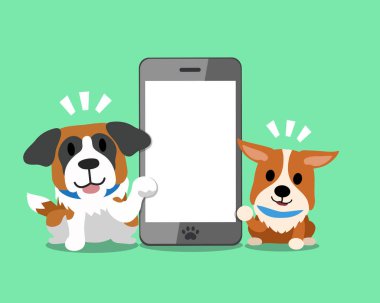 Çizgi film karakteri corgi köpek ve saint bernard köpeği ile smartphone