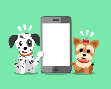 Çizgi film karakteri yorkshire terrier köpek ve Dalmaçya köpeği ile smartphone