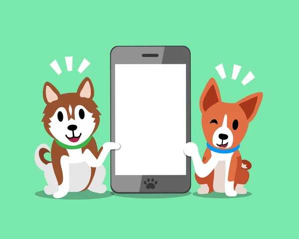 Zeichentrickfigur sibirischer Husky-Hund und Basenji-Hund mit Smartphone — Stockvektor