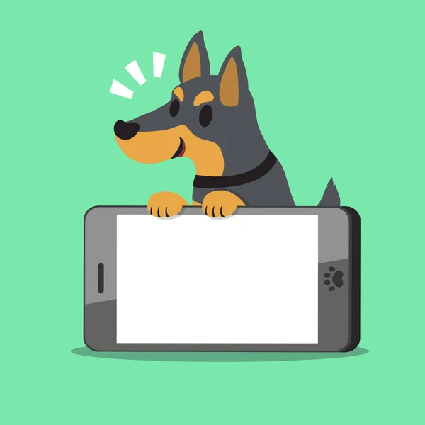 Σκυλί doberman χαρακτήρα κινουμένων σχεδίων και μεγάλο smartphone — Διανυσματικό Αρχείο