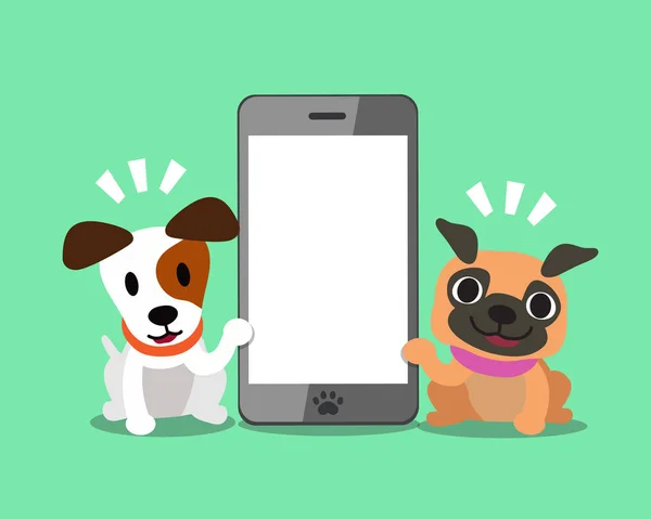 Kreslená postava jack russell teriér pes a Mops pes s smartphone — Stockový vektor