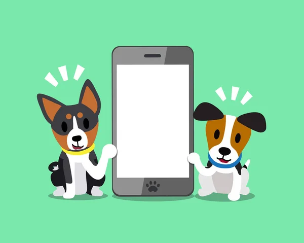 Cartoon character jack russell terrier dog and basenji dog with smartphone — Stock Vector