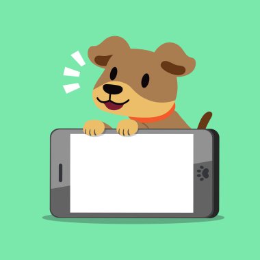 Çizgi film karakteri kahverengi köpek ve büyük smartphone