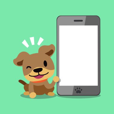 Çizgi film karakteri kahverengi köpek ve smartphone