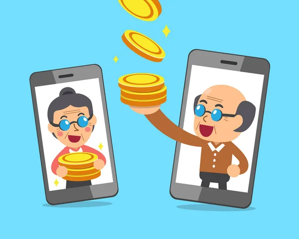 Cartoon senior people and smartphones earning money — Stock Vector