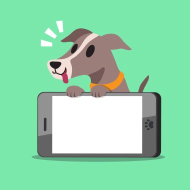 Çizgi film karakteri greyhound köpek ve smartphone
