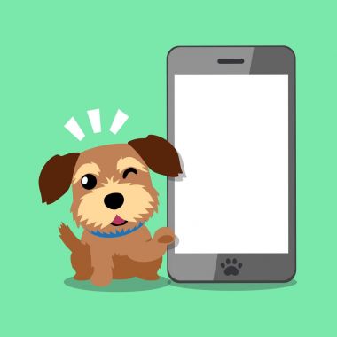 Çizgi film karakteri sevimli kahverengi köpek ve büyük smartphone
